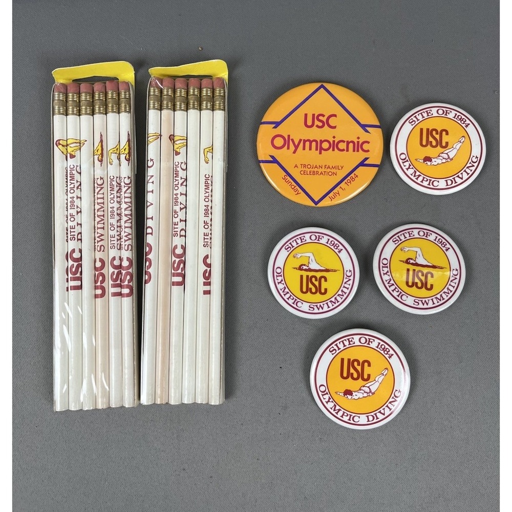 USC Olympics Diving Swimming Vintage Merchandise Lot Pencils & Buttons 1984‎ NEW
